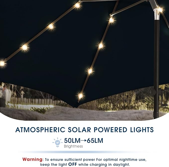 wikiwiki 10FT Solar Led Patio Umbrella with Base Included, 32 LED Lights, 8 Sturdy Ribs, Fade Resistant Waterproof POLYESTER DTY Canopy for Garden, Lawn, Deck, Backyard & Pool, Navy Blue