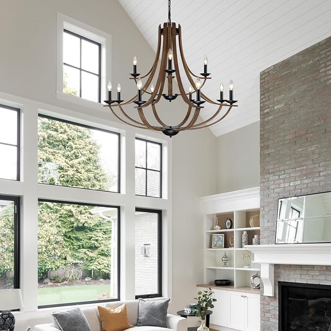 Farmhouse Chandeliers for Dining Room Light Fixture, 2 Tier 12-Light 41" Adjustable Height Retro Faux Wood Texture Rustic Light Fixtures for Living Room Bedroom Foyer Entryway
