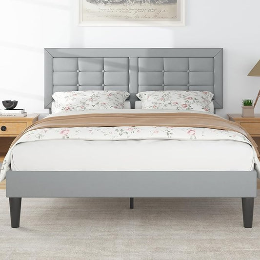 VECELO Queen Size Bed Frame with Adjustable Headboard, Upholstered Button Tufted Platform Bedframe with Wood Slats Support, No Box Spring Needed, Linen & Light Grey