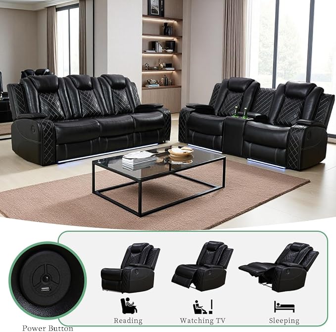 Mordern Breathing Leather Sofa Sets, Living Room Furniture Sets, Power Reclining Sectional Sofa, Loveseat with Cup Holders/Storage Console/LED Light for Living Room