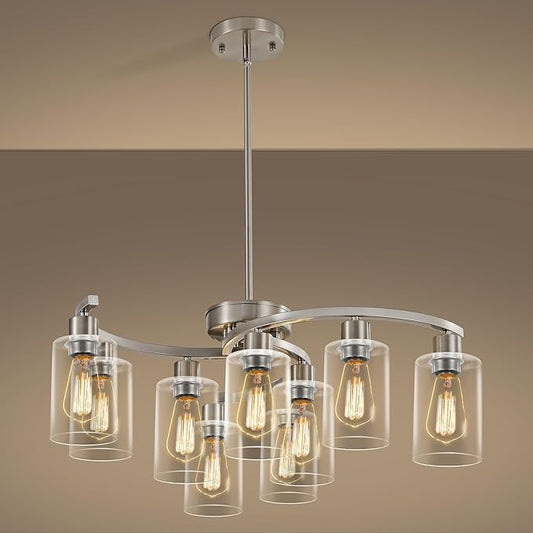 9-Light Brushed Nickel Kitchen Light Fixtures ，29.5" Large Chandeliers for Dining Room， Modern Dining Table Light Fixture，Metal Bracket Pendant Lighting with Downward Clear Glass Shade