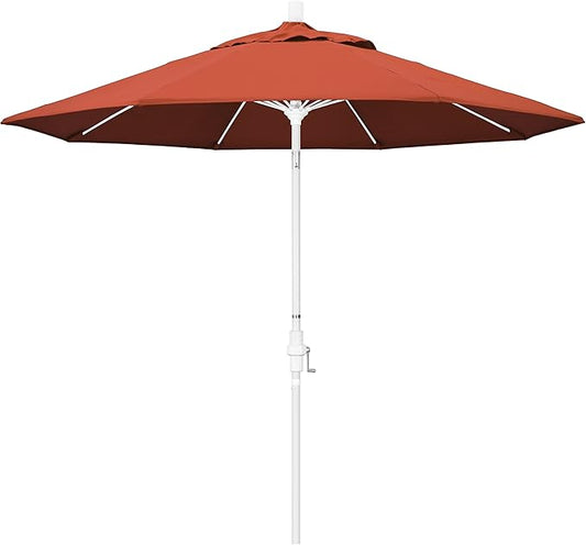 California Umbrella 9' Round Aluminum Pole Fiberglass Rib Patio Umbrella, Crank Lift, Collar Tilt, White Finish, Sunset Olefin