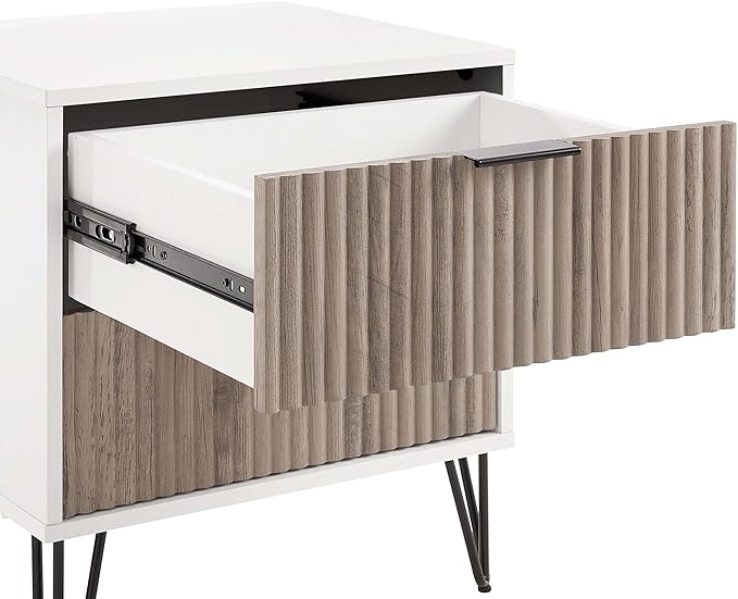 Manhattan Comfort Dumbo Fluted Nightstand with 2 Drawers, Gold Metal Legs and Metal Handles, Tool-Free Assembly Modern Bedside Accent Table with Storage for Bedroom, Living Room in White & Rustic Grey