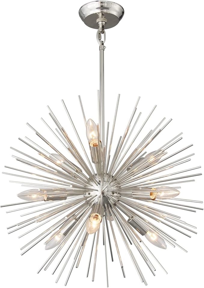 20" Modern Nickel Sputnik Chandelier 9-Lights Mid-Century Modern Starburst Chandelier Vintage Chrome Solid Metal Sputnik Chandeliers for Dining Room, Living Room, Bedroom, Kitchen, E12