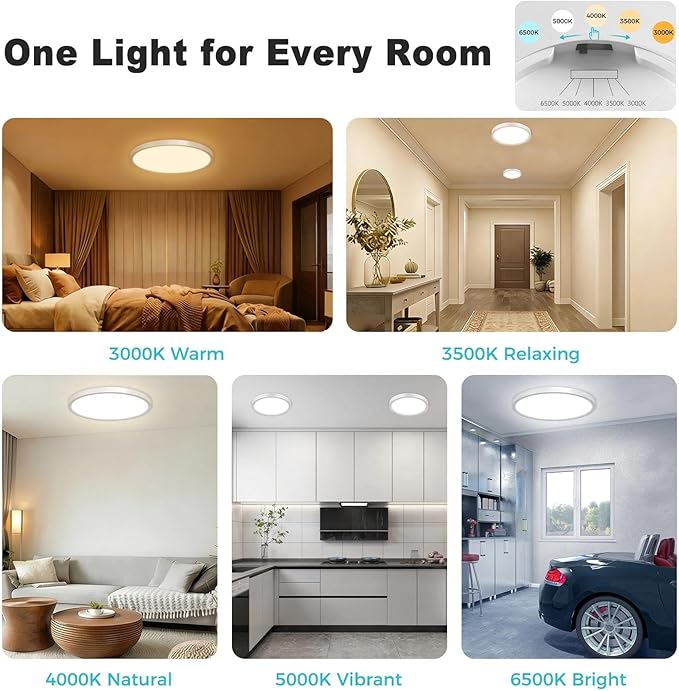 libtit 6Pack 7inch LED Flush Mount Ceiling Light, Dimmable & 5Color Temperatures (3000K-6500K), 15W Round Slim White Light Fixture for Closet Hallway Kitchen Bathroom Laundry