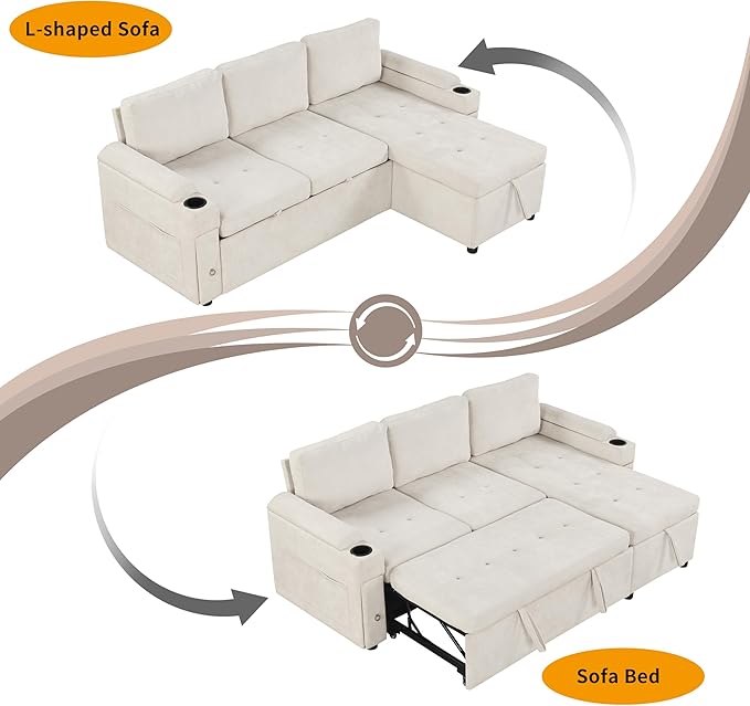 Eafurn 83.5" Sleeper Sectional Sofa with Pull Out Couch Bed, Convertible L-Shaped Sofa with Storage Chaise, Quick Assemble Sleeper Corner Sofa with Cup Holders & USB Ports