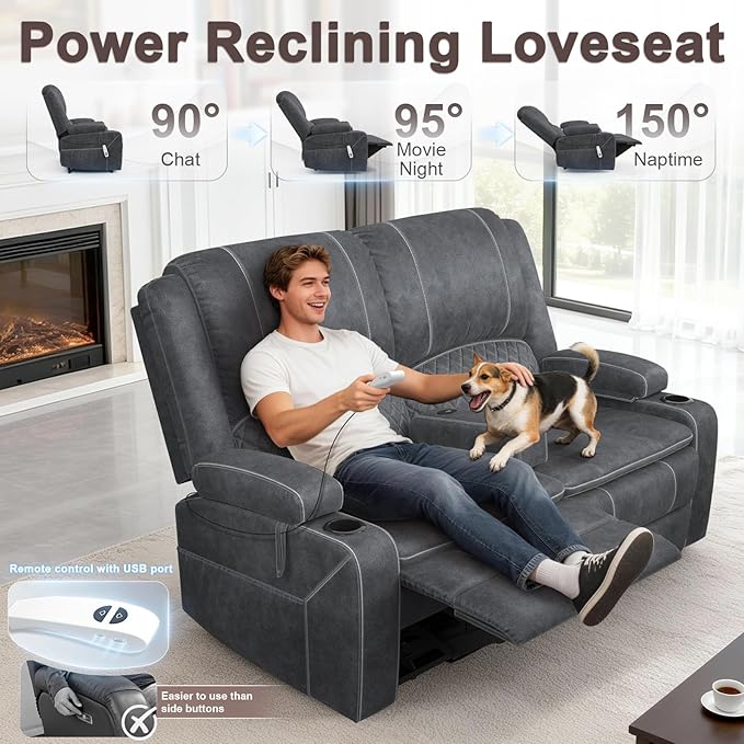 Yolsali Power Reclining Loveseat with Remote Control, Zero Wall Hugger RV Loveseat Recliner Sofa for Living Room with Removable Armrest, 2-Tier Cushions, Hidden Storage & USB Ports, Dutch Velvet Gray