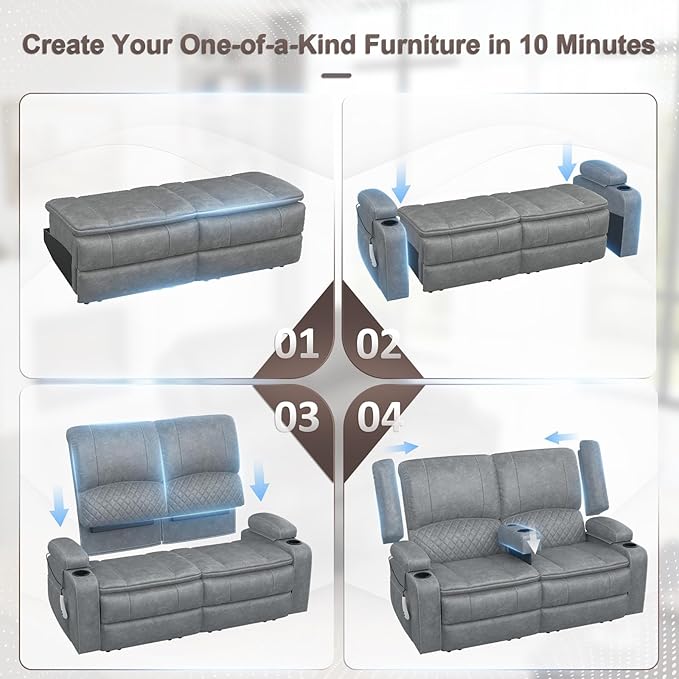 Yolsali Power Reclining Loveseat with Remote Control, Zero Wall Hugger RV Loveseat Recliner Sofa for Living Room with Removable Armrest, 2-Tier Cushions, Hidden Storage & USB Ports, PU Leather Grey