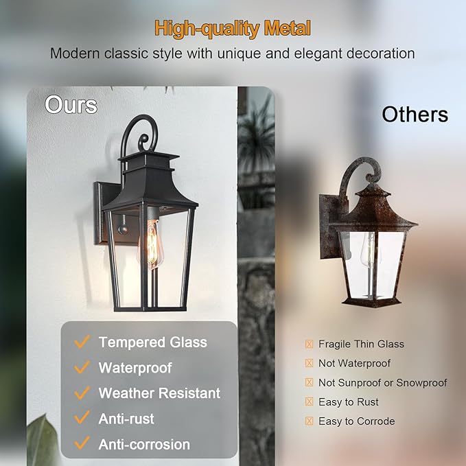 ALVIME Outdoor Sconce Lights, 17 Inch Matte Black Outdoor Wall Lantern, Waterproof Outside Light Fixtures for House, Entryway, Front Door, Porch, Patio, Garage, E26 Base&High Strength Clear Glass