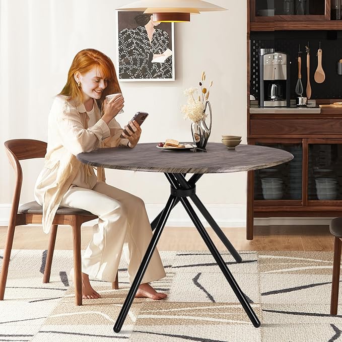 FurnitureR 31.5" Round Dining Table for 2-4 People, Vintage Wood Kitchen Table with Unique Intersecting Pedestal Base and Metal Legs for Home Office Living Room Kitchen, Vintage Brown
