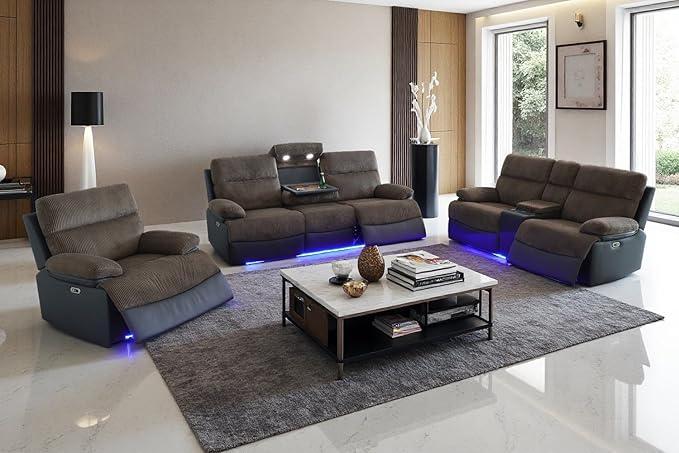 A Ainehome Power Recliner Sofa Set with LED, Corduroy Sofa Sets, 3 Pieces Living Room Furniture Sets, Reclining Sofa Sectional Couches for Living Room with USB Port/Storage Console/Cup Holders