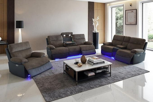 A Ainehome Power Recliner Sofa Set with LED, Corduroy Sofa Sets, 3 Pieces Living Room Furniture Sets, Reclining Sofa Sectional Couches for Living Room with USB Port/Storage Console/Cup Holders
