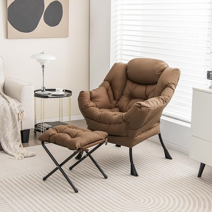 GORELAX Lazy Chair with Ottoman, Modern Accent Chair w/Armrests & Side Pocket, Upholstered Lounge Sofa Chair & Folding Footstool Set, Reading Chair for Bedroom, Living Room, Dorm Room (Brown)