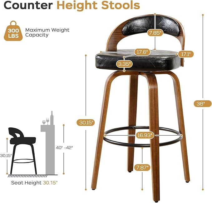 Swivel Bar Stool Set of 4, 30.15" Counter Height Bar Stools for Kitchen Island, Black Upholstered Faux Leather Stool with Back and Solid Wood Legs, Mid Century Modern Kitchen Counter Chair