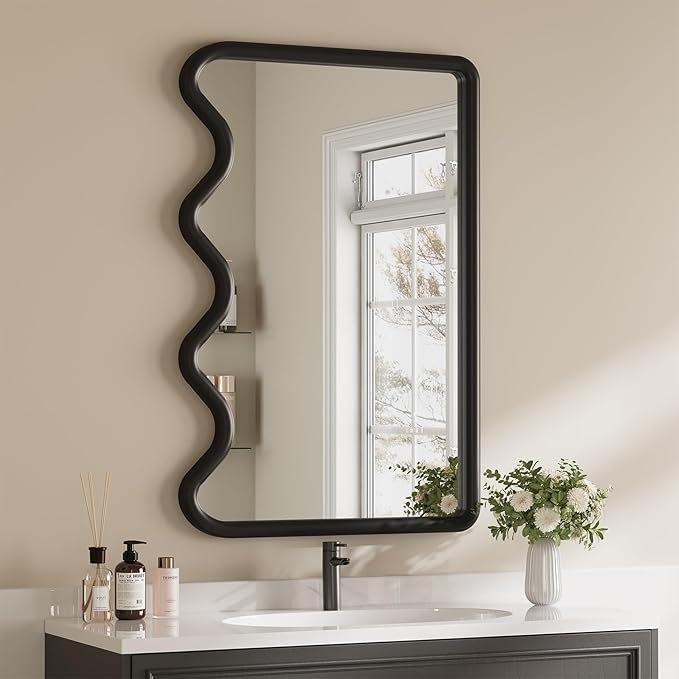 ULIKE Wavy Mirror for Wall, Rustic Wood Mirror for Bathroom Vanity, 24x36 Wooden Wall Mirrors Decorative for Bedroom, Living Room, Entryway, Black