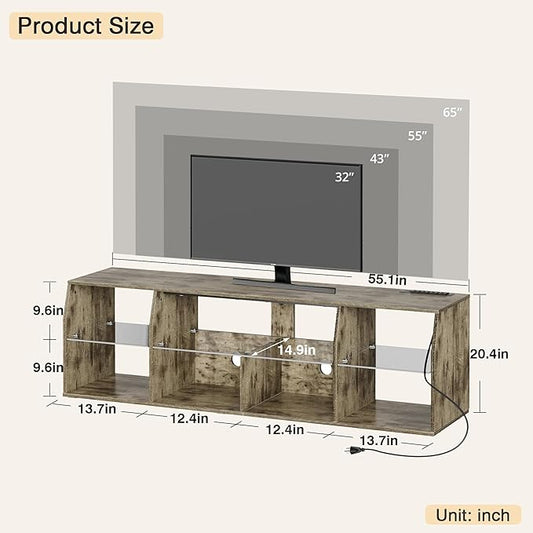 VECELO LED TV Stand with Lights & Power Outlet for 55 inch, Gaming Entertainment Center with 7 Open Storage Shelves, Industrial Television Cabinet for Living Room, Bedroom, Grey
