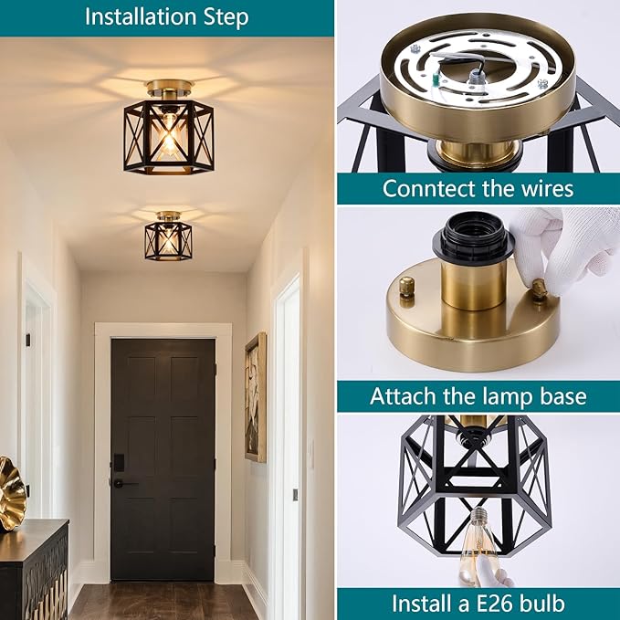 Black Gold Flush Mount Ceiling Light Fixtures, Farmhouse Ceiling Lights with Hexagonal Metal Cage, Modern Close to Ceiling Lamp, Small Chandelier for Kitchen Hallway Porch Bedroom, 2 Pack