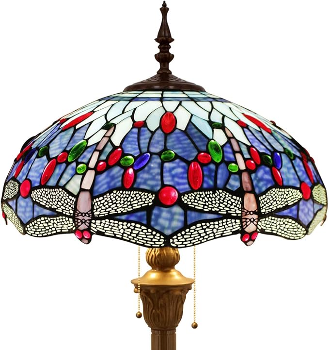 WERFACTORY Tiffany Floor Lamp Dragonfly Blue Stained Glass Standing Reading Light 16X16X64 Inches Antique Pole Corner Lamp Decor Bedroom Living Room Home Office S004 Series (B)