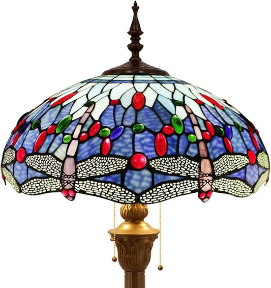 WERFACTORY Tiffany Floor Lamp Dragonfly Blue Stained Glass Standing Reading Light 16X16X64 Inches Antique Pole Corner Lamp Decor Bedroom Living Room Home Office S004 Series (B)