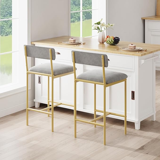 GAOMON Bar Stools Set of 2, Kitchen Bar Stools with Footrest, 25.5 Inches Upholstered Bar Chairs with Back, Counter Height Barstools for Counter Bar, Island, Easy Assembly,Gray and Gold