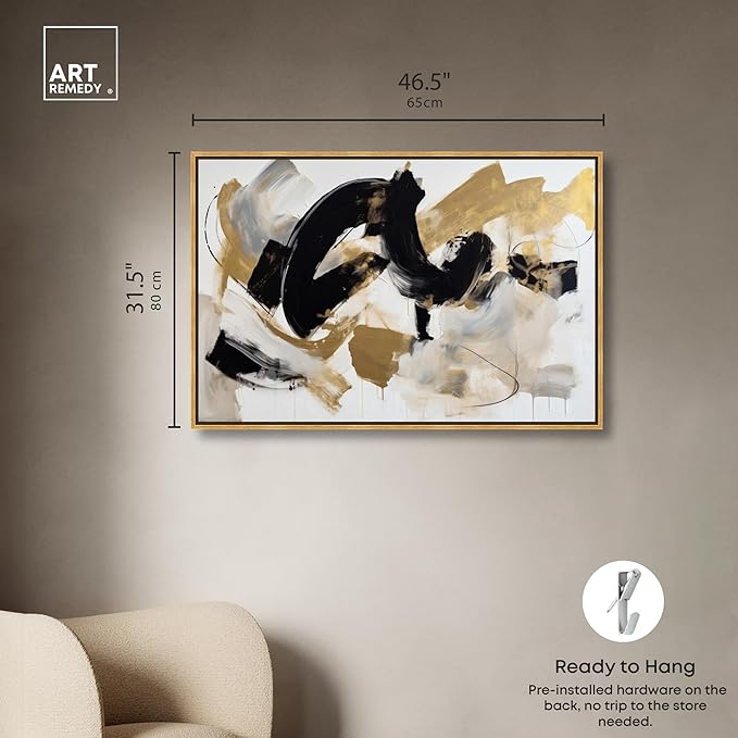 Art Remedy Moved Abstraction Canvas Modern Black White Abstract Wall Art, Gold Frame, 45" x 30"