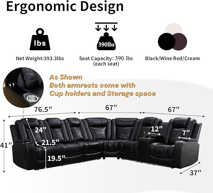 Power Recliner Sofa Sectional Couches with LED Light,Leather Reclining Corner Sectional Sofa with 2 Recliner Seats,Cup Holders,Storage Console for Living Room，Black