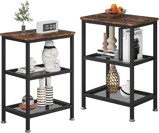 VECELO Tall End Side Tables,30" Height Nightstand with 3-Tier Storage Shelf for Bedroom Living Room, Easy Assembly,Industrial Style, Brown