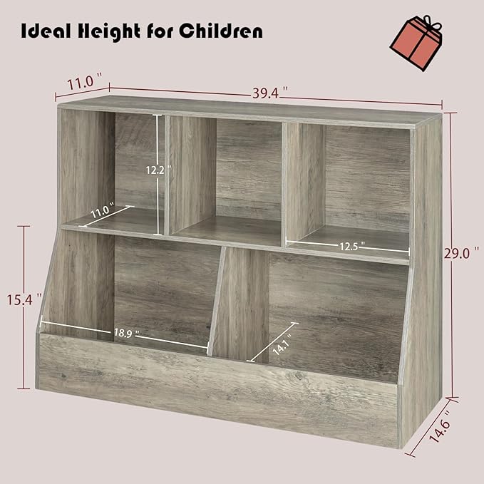 DINZI LVJ Toy Storage Organizer, Kids Bookshelf, Wood Toy Storage Cabinet, 5 Cubby Children Bookcase, 39.4" L Toddler Book Shelf for Playroom, Living Room, Nursery, Hallway, School, Gray Wash