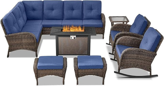 Belord 8 Pieces Patio Conversation Set with 43” Propane Fire Pit Table, Outdoor Sectional Furniture Sofa Set with Removable Blue Cushions for Patio Deck Backyard Brown