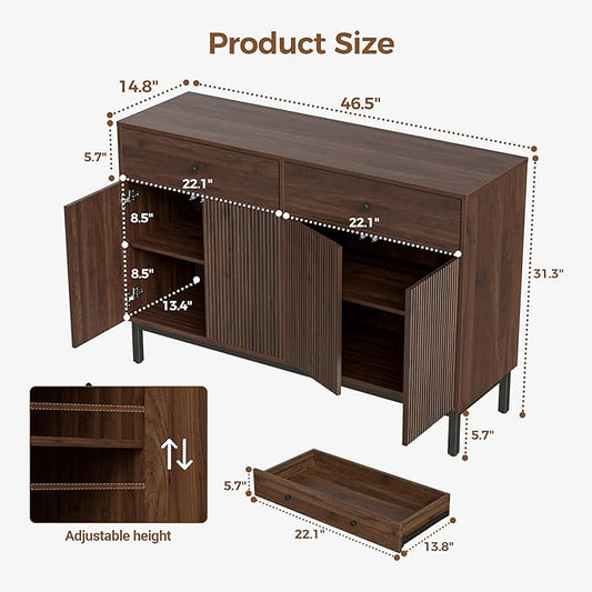 Mericonia Farmhouse Buffet Sideboard Cabinet with Storage, Fluted Coffee Bar with Doors and Adjustable Shelves, Modern Wood Console Cabinet with Drawers (4 Door, Walnut 2 Drawer)