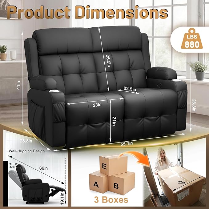 Loveseat Recliner, Oversized Reclining Loveseat, Pebble Texture Reclining Sofa With USB/Type C & Storage & Cup Holders, Recliner Couch, RV Wall Hugger Recliners Loveseat Clearance for Living Room & RV