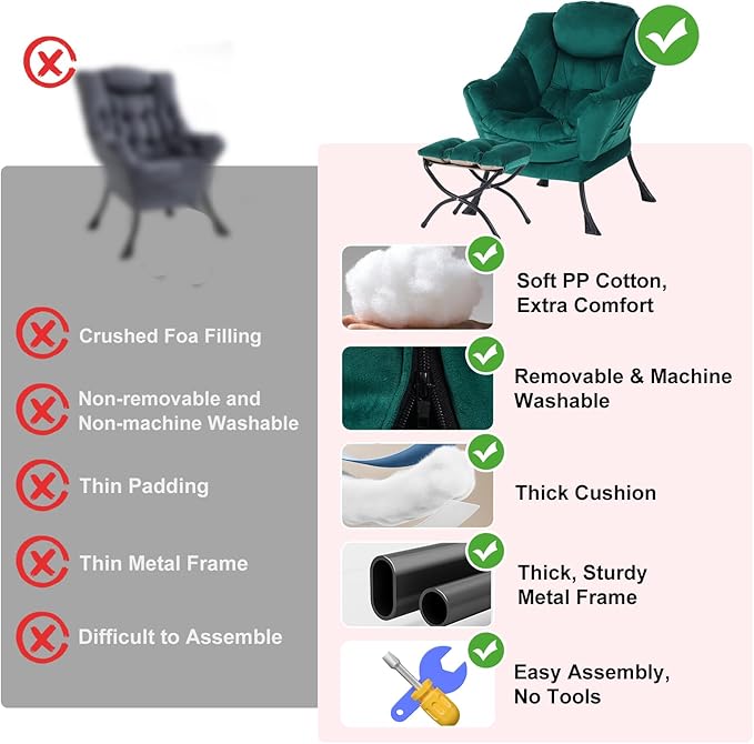 Lazy Chair with Ottoman, Modern Chair with Folding Footrest, Velvet Dark Green Accent Chair, Comfortable Reading Chair, Oversized Armchairs for Bedroom, Study, Living Room, Courtyard