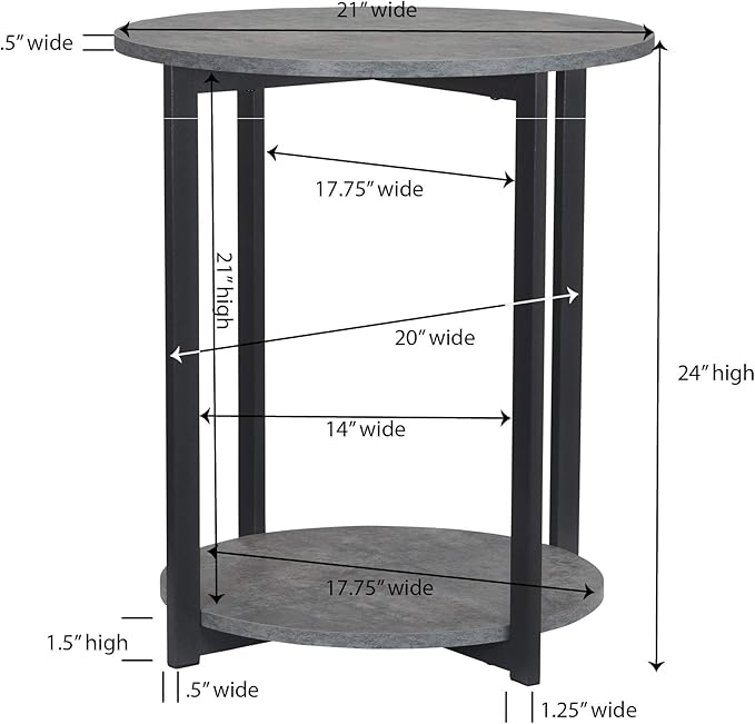 Household Essentials Jamestown Round Side End Table with Storage Shelf Rustic Slate Concrete and Black Metal