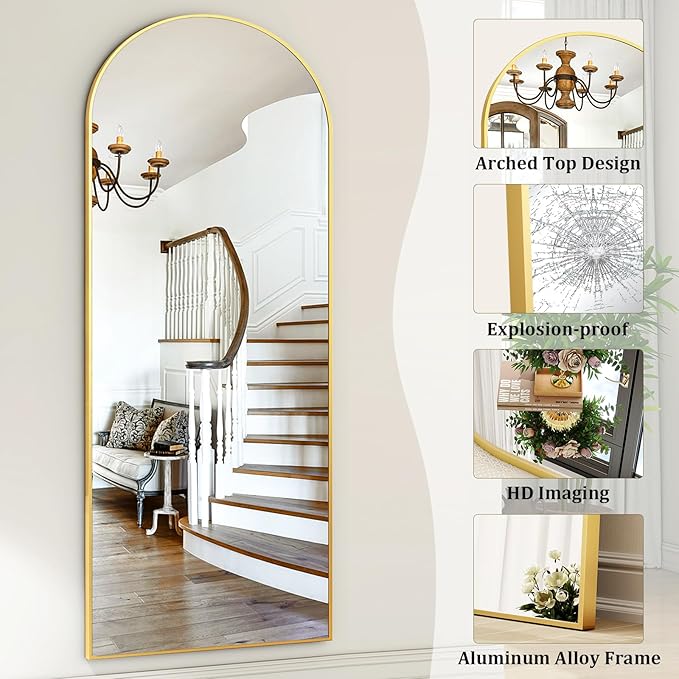 HARRITPURE 68"x22" Arched Full Length Mirror, Free Standing/Hanging/Leaning Full Body Mirror with Stand, Large Modern Arch Floor Mirror for Bedroom Cloakroom,Gold