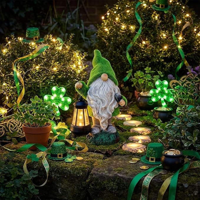 TERESA'S COLLECTIONS Christmas Outdoor Statue for Home, Resin Gnome Decorations with Solar Outdoor Lights for Garden Decor,Green Garden Sculptures & Statues for Front Patio Lawn, Gifts for Mom,12"