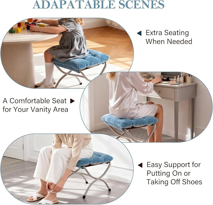Saucer Chair With Ottoman - Oversized Folding Faux Fur, X-Large Soft Dorm, Foldable Metal Frame for Bedroom, Living Room, Study, Playroom (Blue)