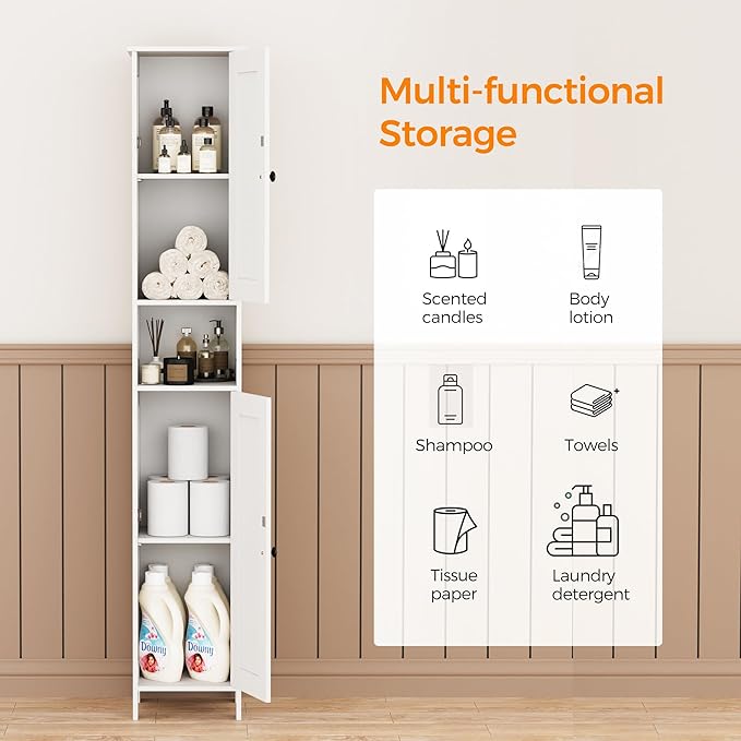 Tall Bathroom Storage Cabinet with 2 Doors, 67"H Narrow Storage Cabinet with Adjustable Shelves& Anti-Tip Design, Reversible Door Installation, Easy Assembly, 11.8 x 11.8 x 66.9 Inches, White