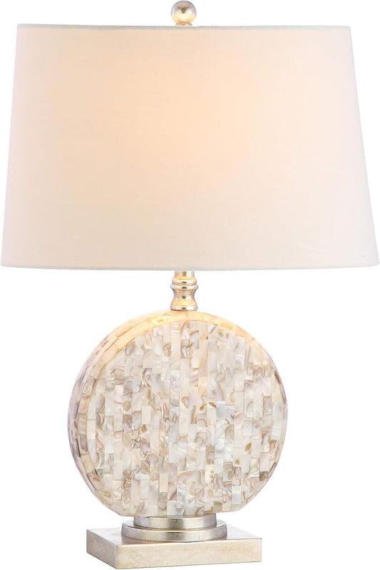 JONATHAN Y 24" Dennis Cream Mother-of-Pearl Seashell Table Lamp, Coastal Traditional Bedside Lamp for Living Room Bedroom, White Linen Drum Shade, LED Bulb Included JYL1050A