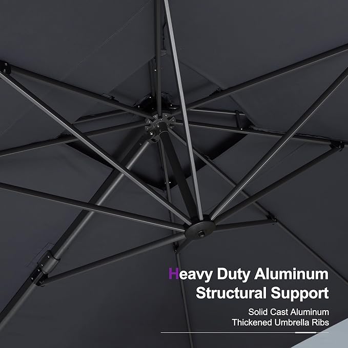 PURPLE LEAF 10' X 13' Cantilever Patio Umbrella with Base 360° Rotation & 6-Level Tilt Heavy Duty Aluminum Frame Fade-Resistant Double Top Offset Umbrella for Backyard Poolside & Outdoor Dining Grey