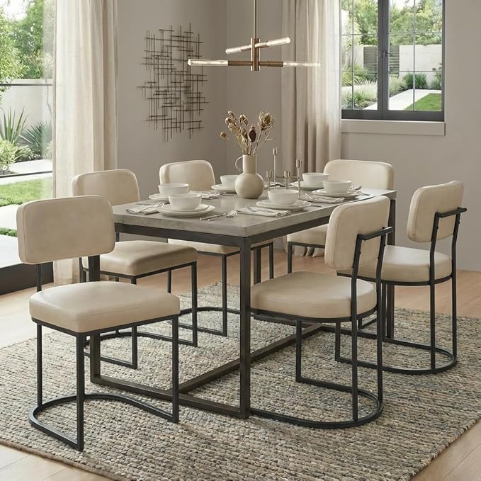Dining Chairs Set of 6, Upholstered Modern Kitchen Chairs with Ergonomic Backrest, Faux Leather Cushion Seat & Curve Metal Legs for Living Room, Restaurant, and Café, Beige, 2 Boxs