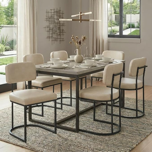 Dining Chairs Set of 6, Upholstered Modern Kitchen Chairs with Ergonomic Backrest, Faux Leather Cushion Seat & Curve Metal Legs for Living Room, Restaurant, and Café, Beige, 2 Boxs