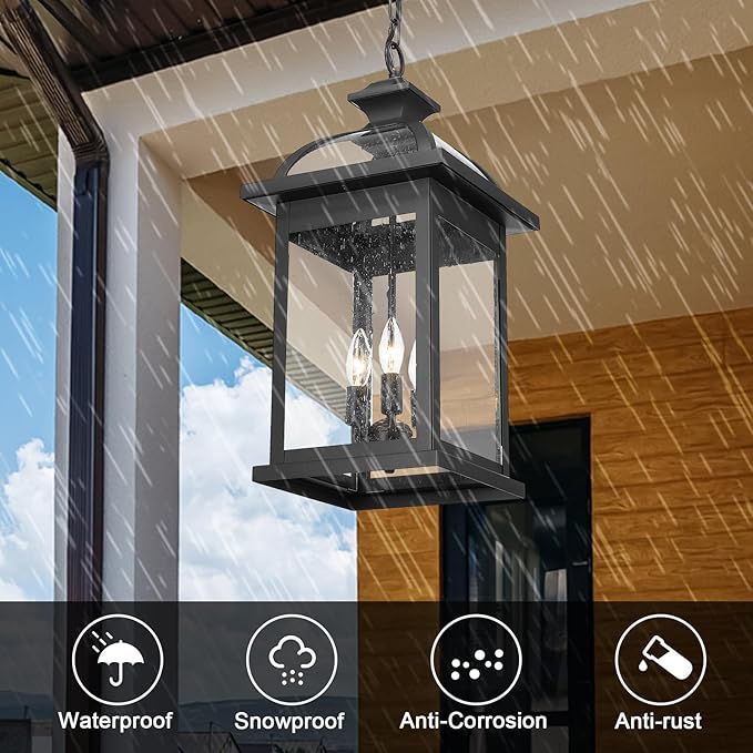 Darkaway Outdoor Pendant Lights for Porch, Extra Large 23inch Outdoor Chandelier 3-Light Hanging Lights Adjustable Hegiht Exterior Chandelier Ceiling Mount with Seeded Glass for House Patio Gazebo