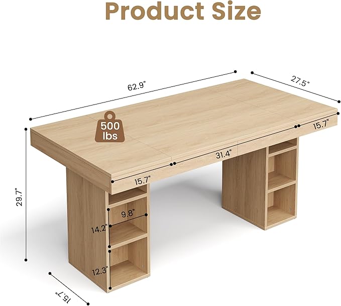 GAOMON 62.9" Wood Dining Table for 4-6 People, Large Kitchen Table with Sturdy Pedestal, Long Dining Table with Storage Cube, Farmhouse Rectangle Dinner Table for Dining Room and Living Room
