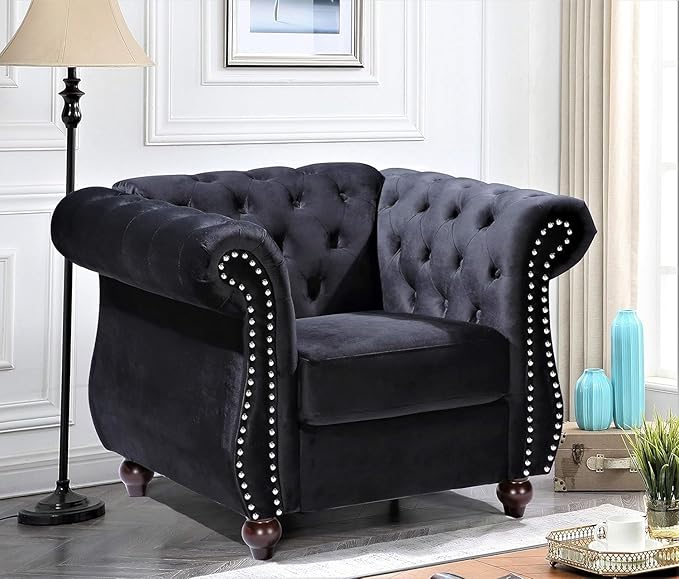Container Furniture Direct Feinstein Modern Velvet Chesterfield Couches for Living Room with Nailheads, Diamond Tufting & Durable Metal Frame, Chair, Black