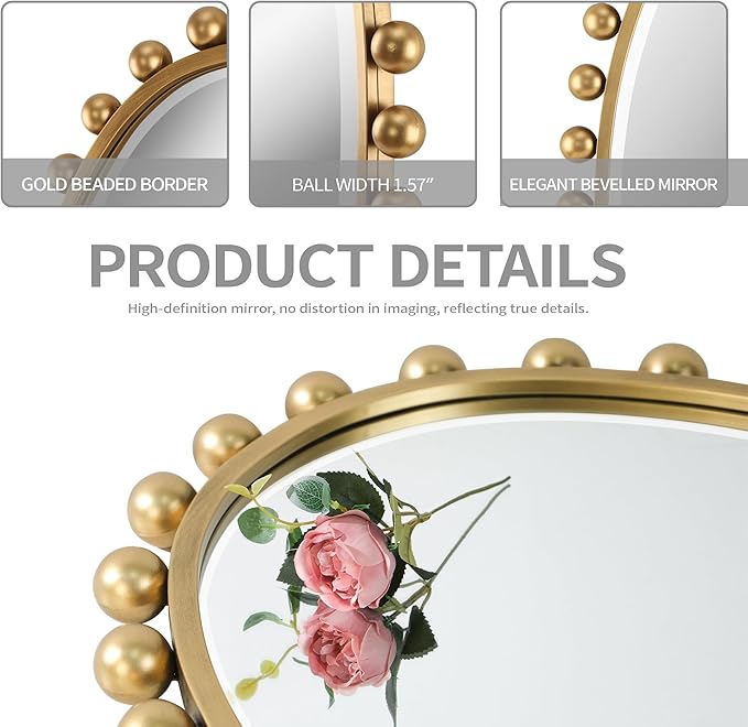 24"x36"Oval Wall Mounted Bathroom Mirror with Beveled Glass, Antique Gold Beaded Ball Frame, Vertical & Horizontal Hanging Vanity Wall Mirror for Bathroom, Bedroom, Entryway, Dressing Room
