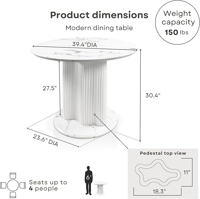 Homes: Inside + Out Elara Modern 39-inch Round Dining Table with Fluted Pedestal Base, Seats up to 4, for Home Kitchen, Living Room, White