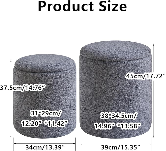 IBUYKE Storage Ottoman Set of 2 Round Ottoman Fleece Vanity Stool with Storage Velvet Footrest Stool End Table Boucle Ottoman for Home Organization Gray UWBD015G