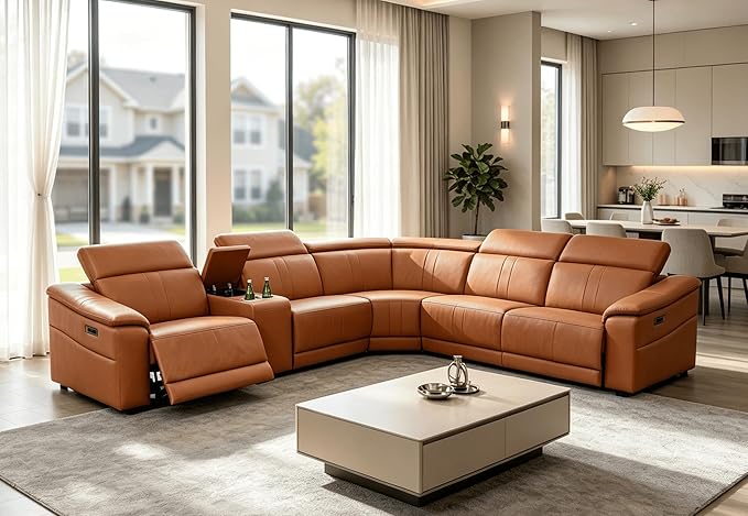 Power Recliner Sectional Sofa, L-Shaped Leather Sofa Set for Living Room, Power Reclining Sofa with USB Ports, Storage Console & Cup Holders, Breathing Leather Couch with Recliner (Orange)