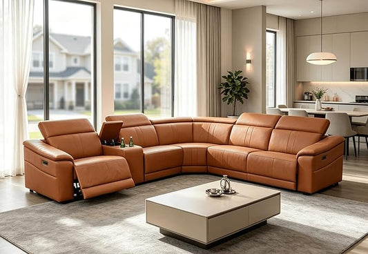 Power Recliner Sectional Sofa, L-Shaped Leather Sofa Set for Living Room, Power Reclining Sofa with USB Ports, Storage Console & Cup Holders, Breathing Leather Couch with Recliner (Orange)