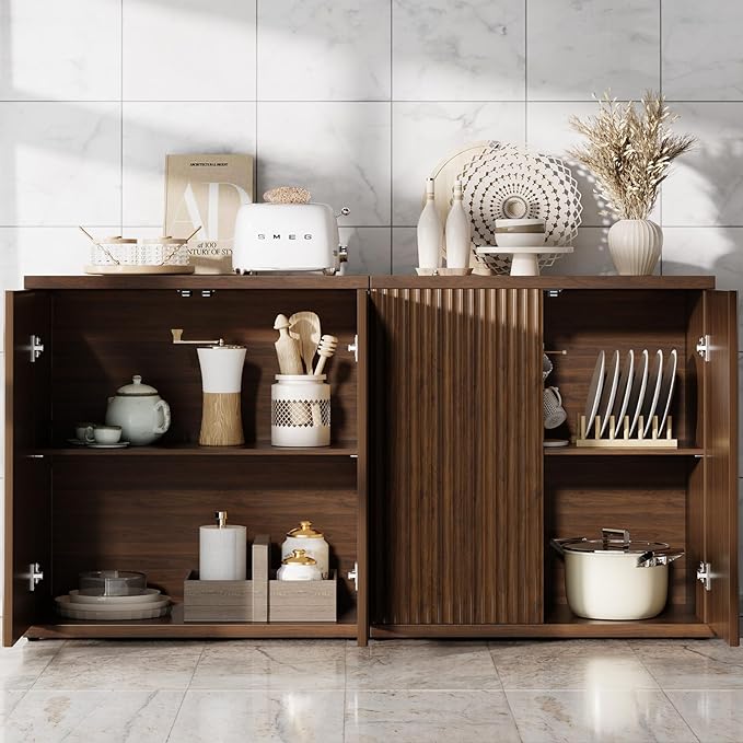 Fluted Buffet Cabinet Sideboard with Storage, Wooden Credenza with 2 Doors & Adjustable Shelf, Modern Fluted Accent Cabinet Coffee Bar for Living Room, Kitchen, Dining Room, Entryway, 15″ Deep, Brown